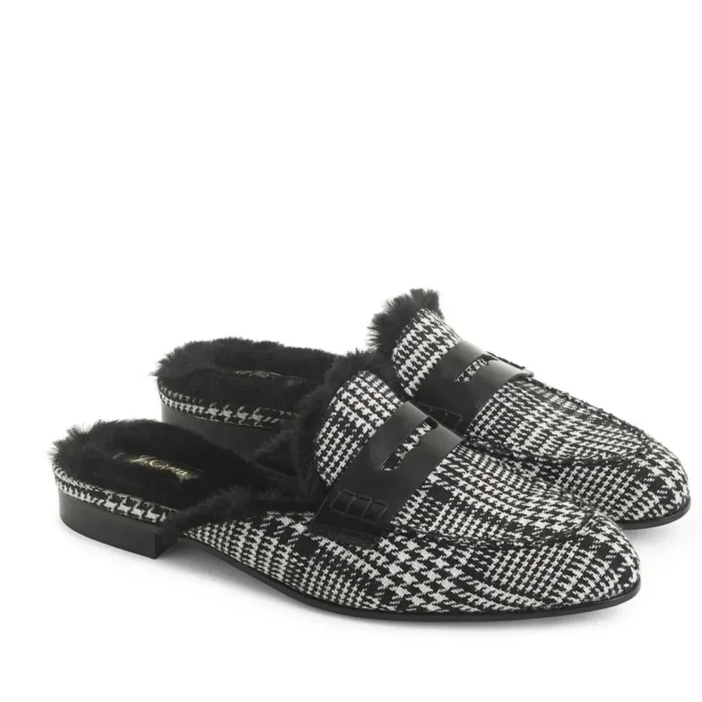 J.Crew Academy Loafer Mule with Faux Fur Lining Black/ Ivory Plaid Fabric